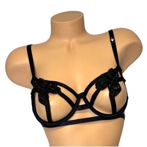 Victoria's‎ Secret Size 36C Embroidered Floral Unlined Balconet Bra Solid Black